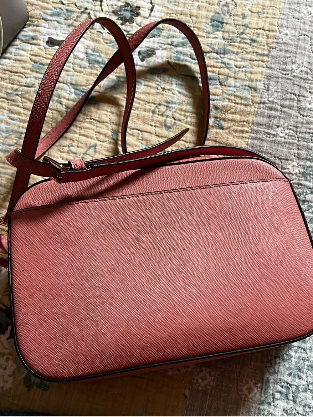 Michael Kors Coral Pink Leather Crossbody Camera Bag with Gold Hardware